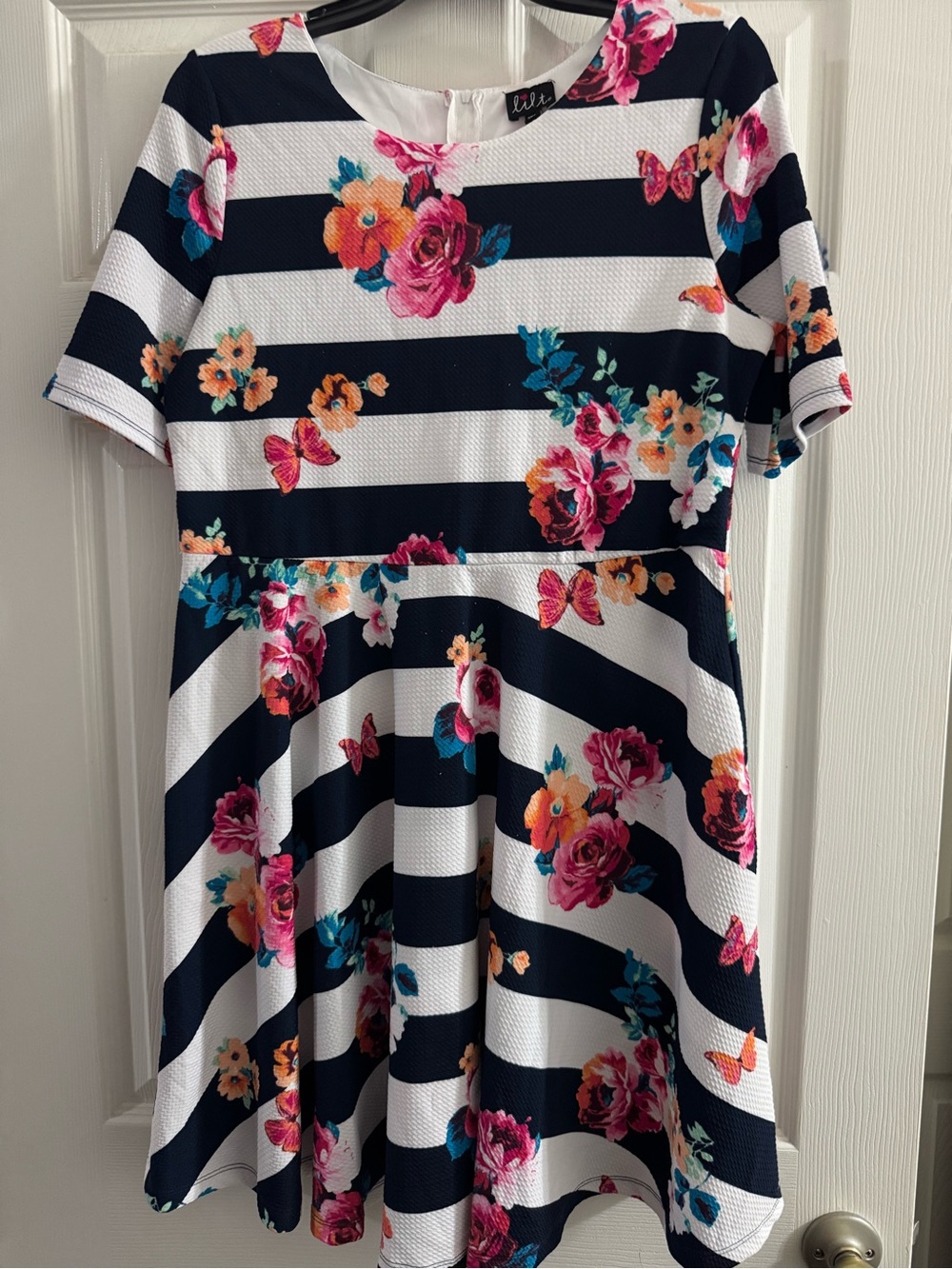 lilt Navy & White Striped Floral Skater Dress